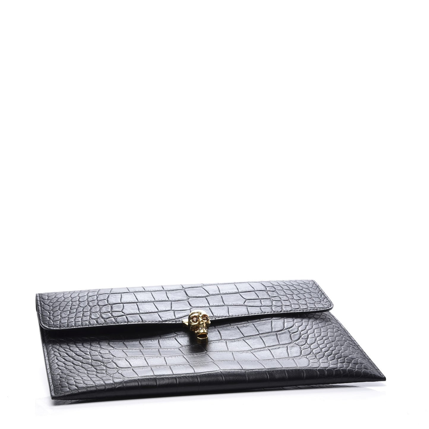 Calfskin Crocodile Embossed Skull Envelope Clutch Black