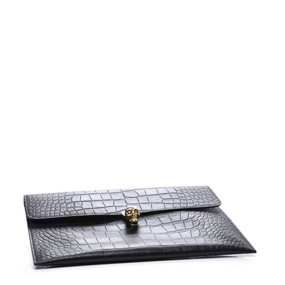 Alexander McQueen Calfskin Crocodile Embossed Skull Envelope Clutch Black 3 of 8