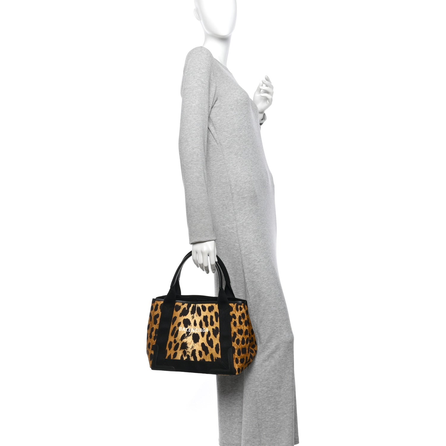 Balenciaga Cotton Canvas Satin Calfskin Leopard Print Logo Navy Cabas S Beige Black 2 of 11