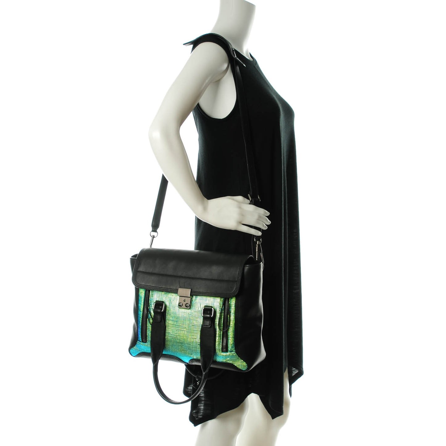 3.1 Textured Holographic Stamped Calfskin Medium Pashli Satchel Black
