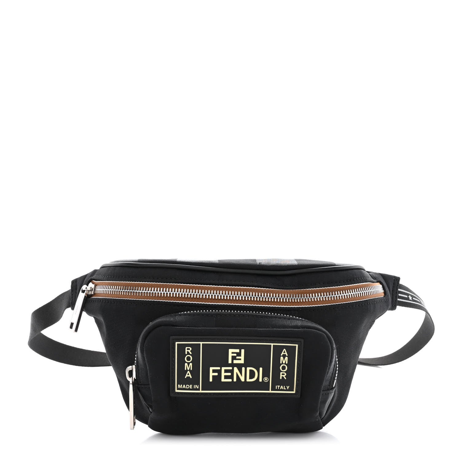 Fendi Nylon Vitello Century Pequin Logo Plate Pocket Belt Bag Black 1 of 10