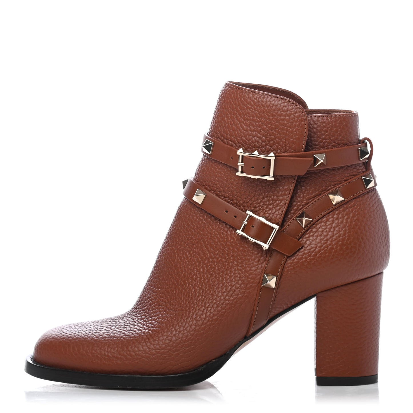 Pebbled Calfskin Rockstud Double Buckle 70mm Block Heel Ankle Boots 36.5 Bright Cognac