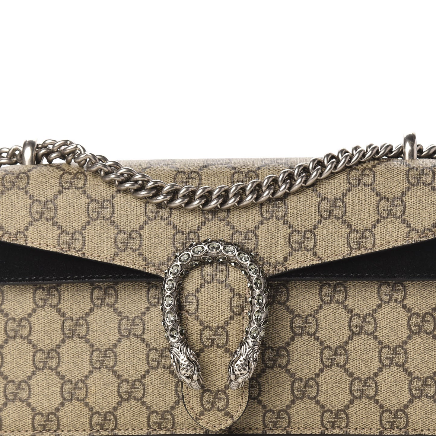 GG Supreme Monogram Suede Crystal Small Dionysus Shoulder Bag Beige Ebony Black