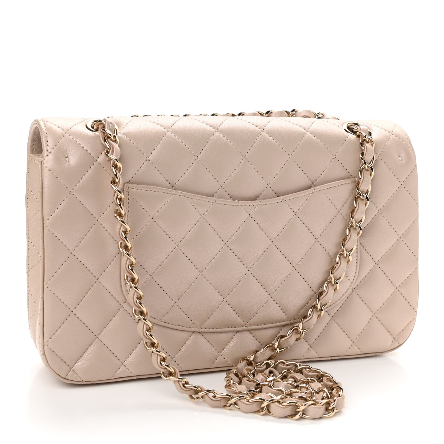 Iridescent Lambskin Quilted Medium Double Flap Beige