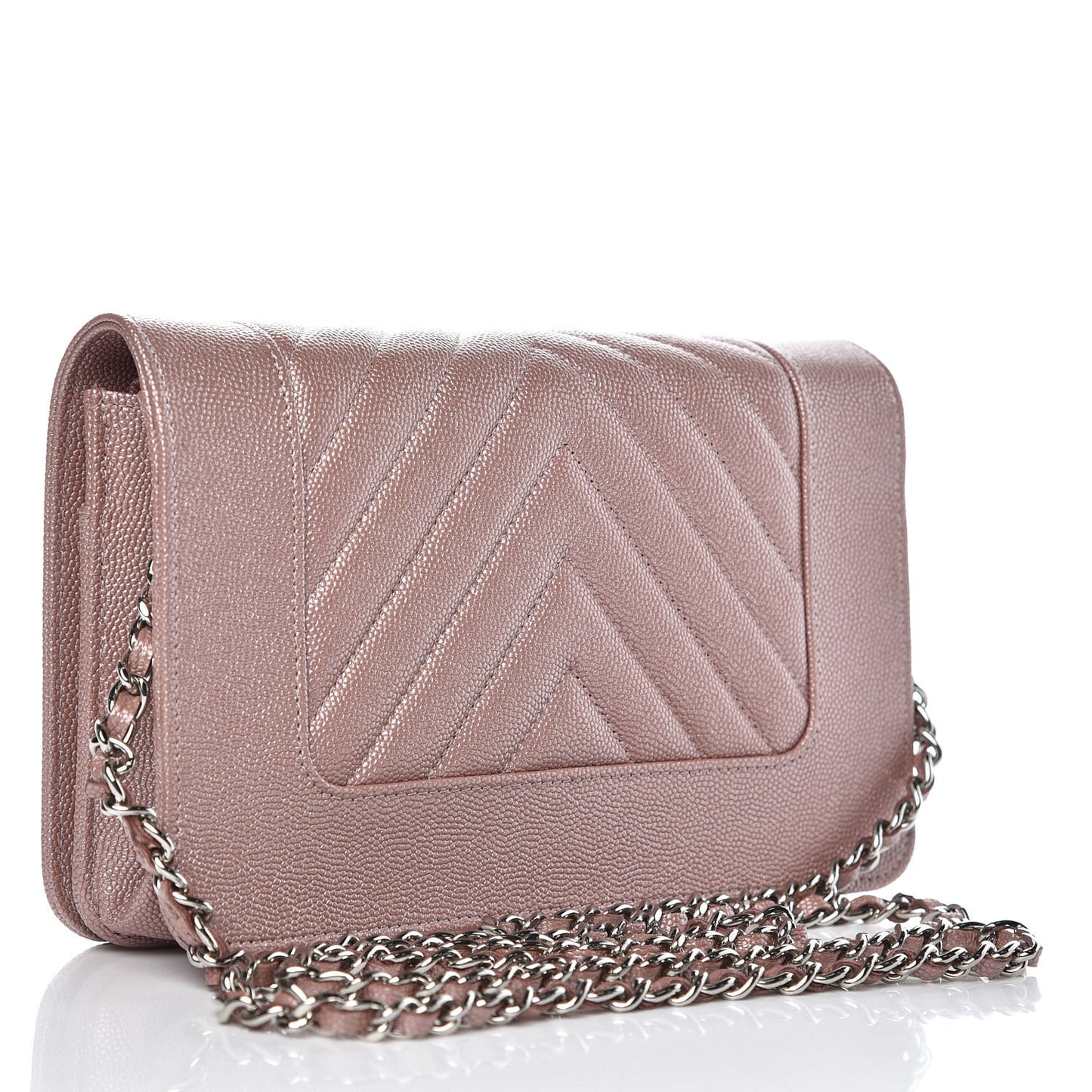 Metallic Caviar Chevron Quilted Vintage Mademoiselle Wallet On Chain WOC Pink