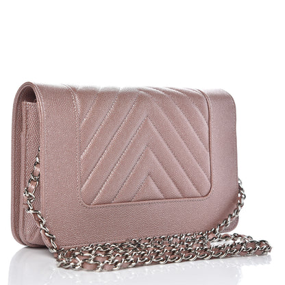 Chanel Metallic Caviar Chevron Quilted Vintage Mademoiselle Wallet On Chain WOC Pink 3 of 9
