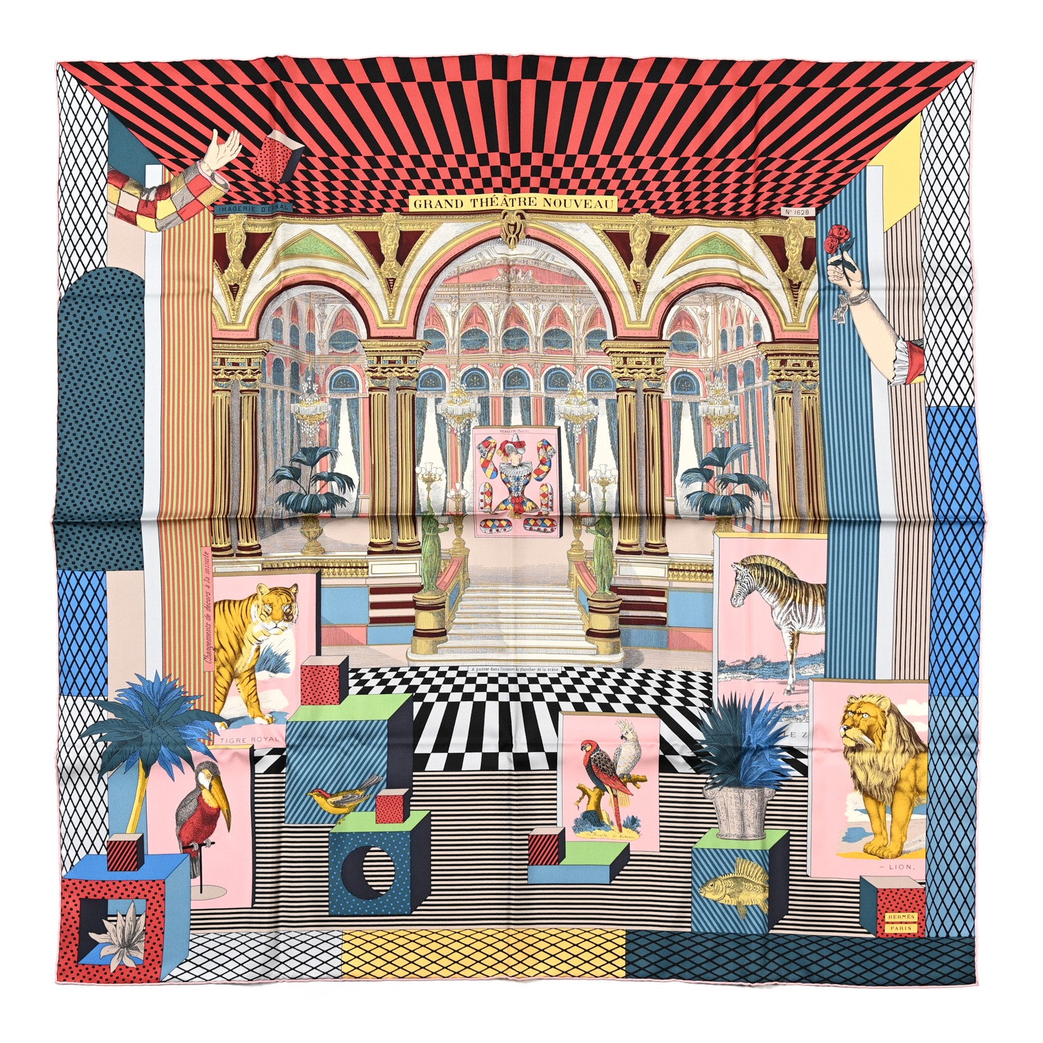 Hermes Silk Grand Theatre Nouveau Scarf 90 Bleu Vieux Rose Vert 1 of 5