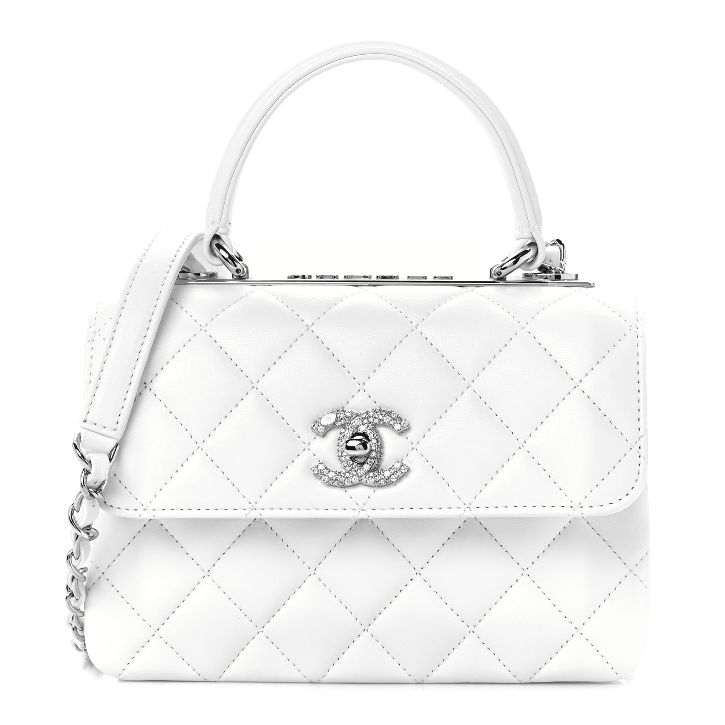 Lambskin Crystal Quilted Mini Trendy CC Dual Handle Flap Bag White