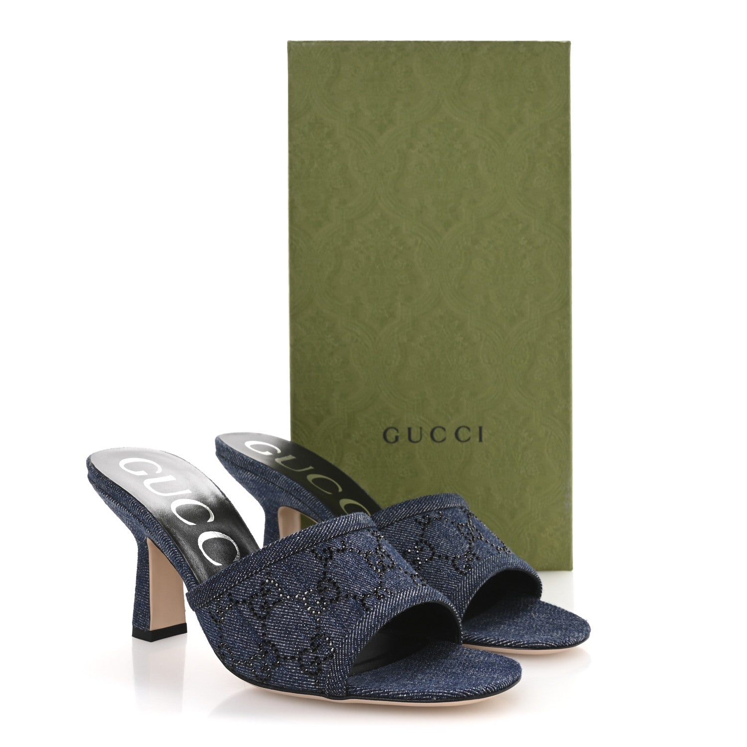 Gucci Denim Crystal GG Monogram Mules 38.5 Blue 9 of 9