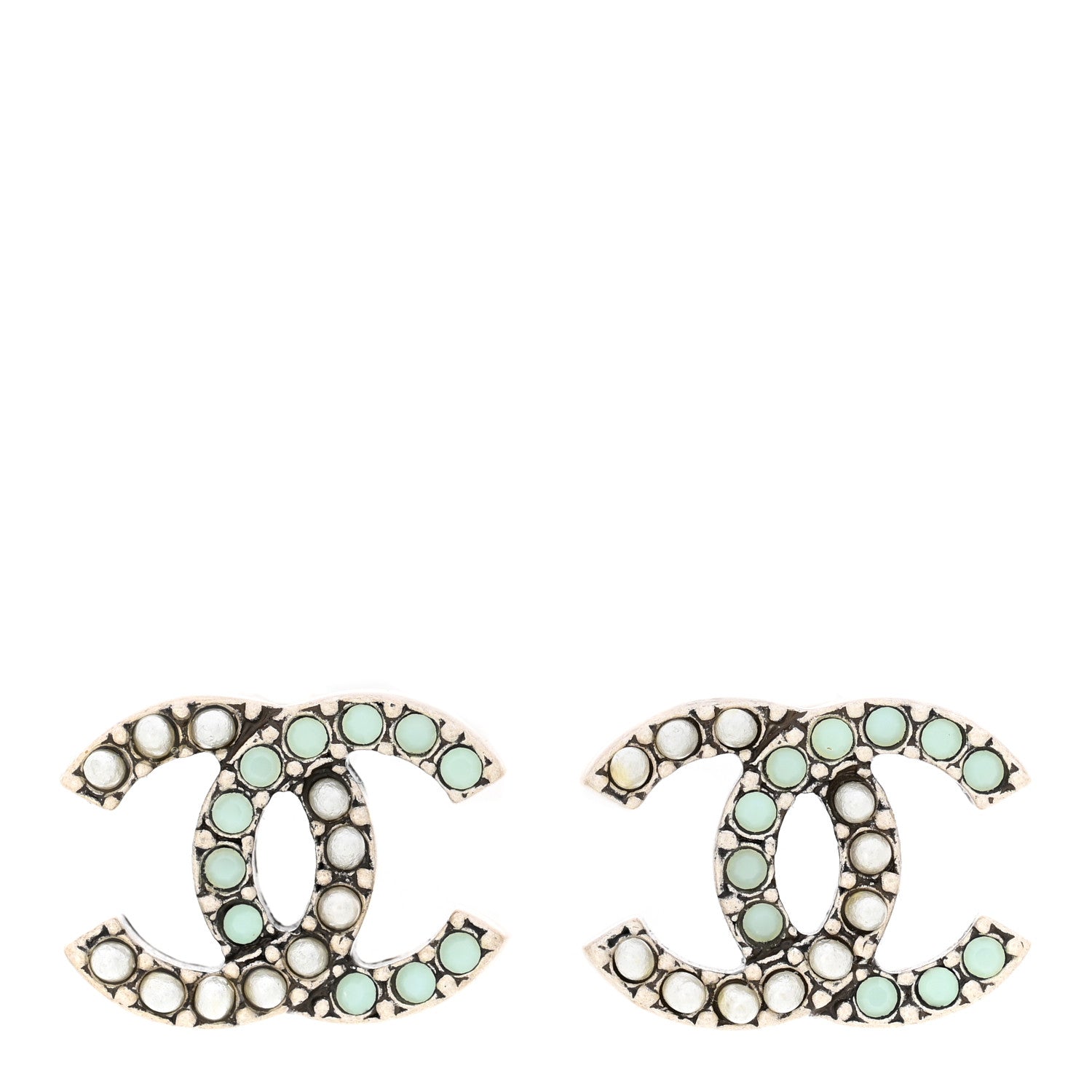 Chanel Ruthenium Pearl Pearl CC Earrings Silver Green 1 of 5