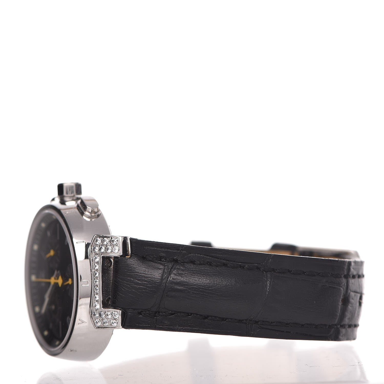 Louis Vuitton Stainless Steel Alligator Diamond 34mm Tambour Chronograph Quartz Watch Black 4 of 13