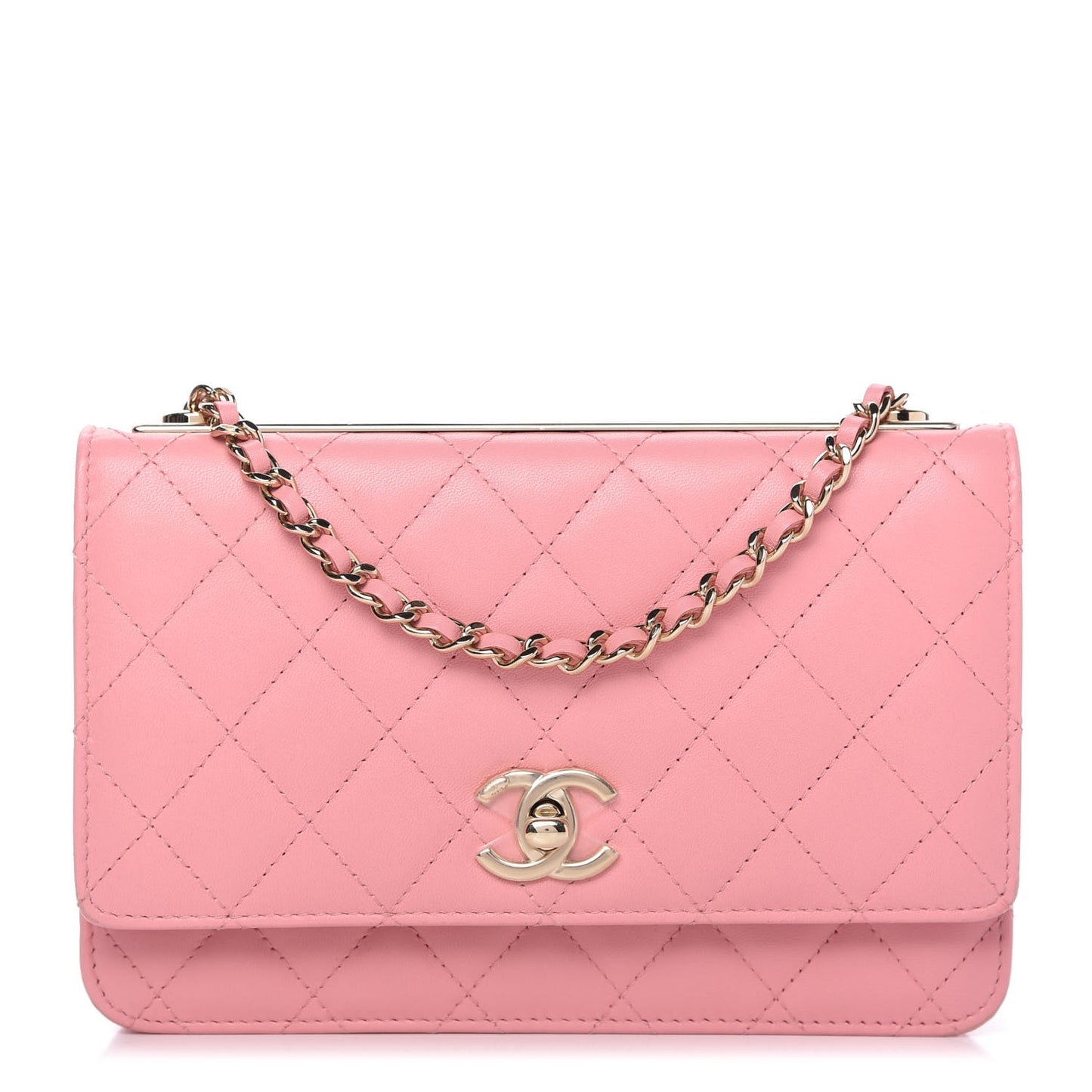 Lambskin Quilted Trendy CC Wallet On Chain WOC Pink