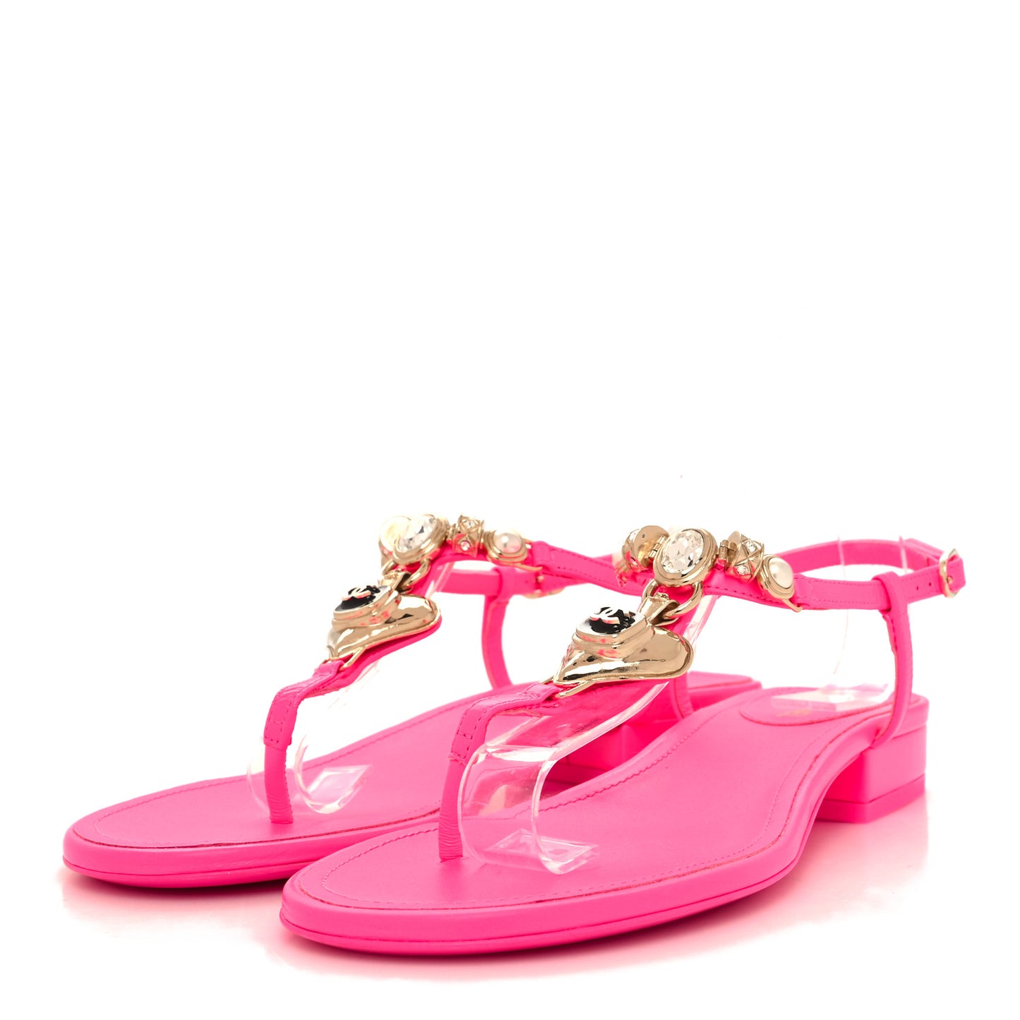 Shiny Lambskin Pearl Crystal CC Heart Thong Sandals 38 Neon Pink