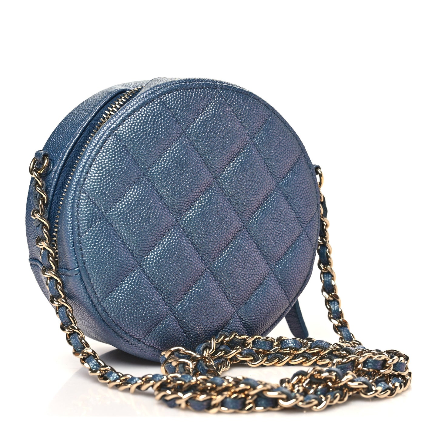 Iridescent Caviar Quilted Round Clutch With Chain Blue