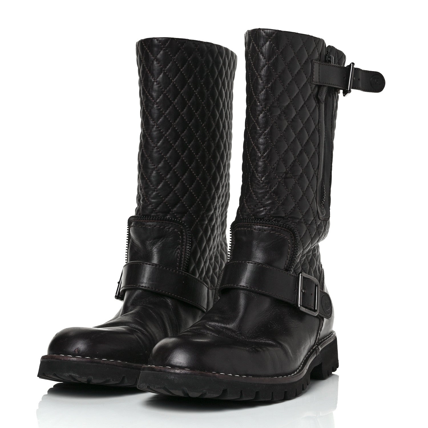 Chanel Calfskin Quilted Biker Boots 39 Brown 3 of 9