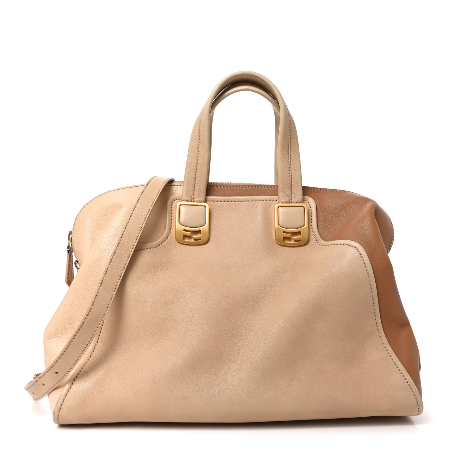 Capra Vitello Dolce Marmol Colorblock Large Chameleon Tote Cipria Makeup Camel