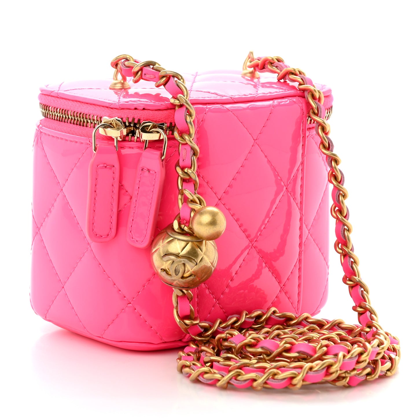Patent Quilted Pearl Crush Mini Vanity Case With Chain Neon Pink
