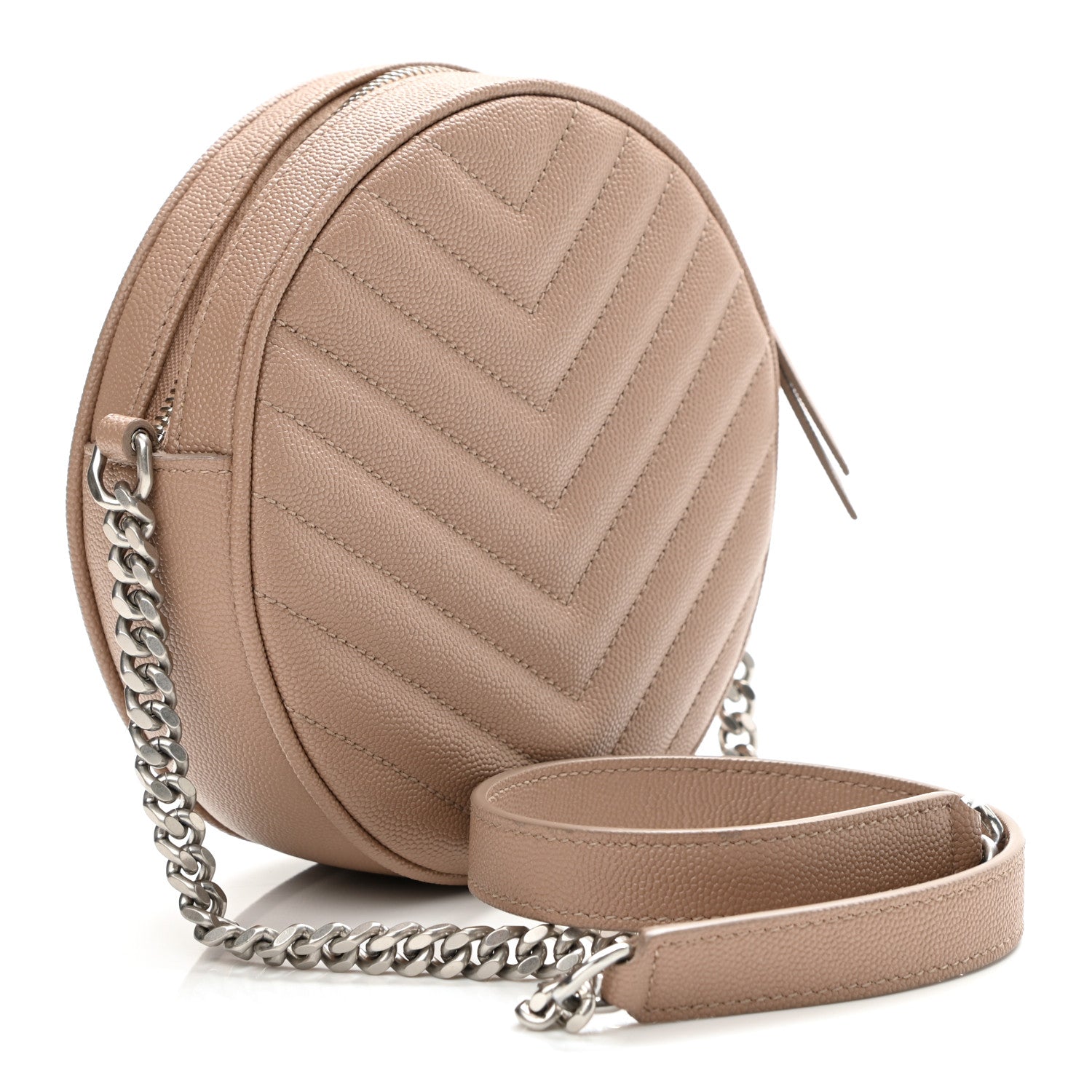 Saint Laurent Grain De Poudre Matelasse Chevron Quilted Round Vinyle Camera Bag Gold Sand 3 of 11