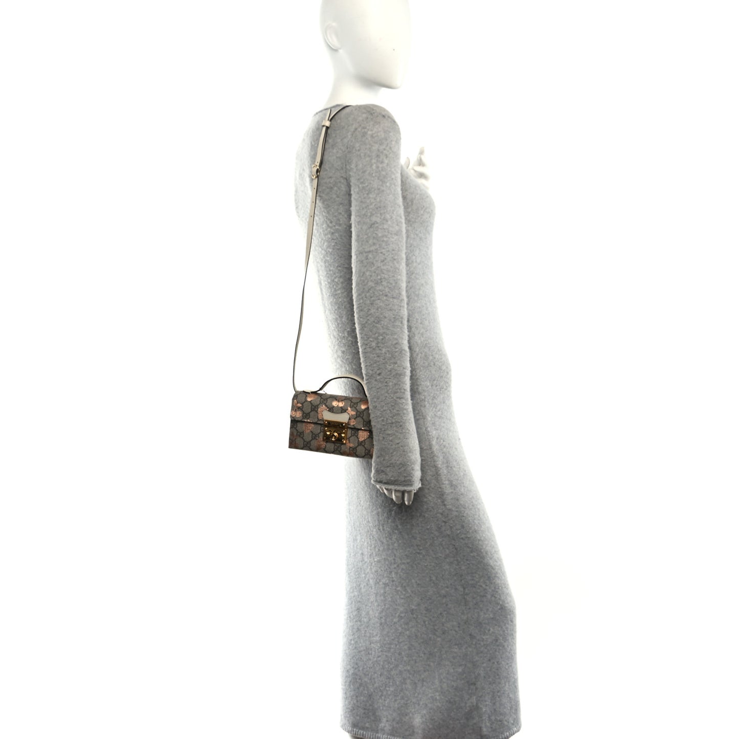 GG Supreme Monogram Berry Textured Dollar Calfskin Mini Padlock Top Handle Shoulder Bag Beige Ebony Light Copper Mystic White