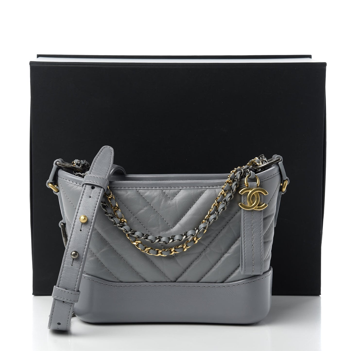 Aged Calfskin Chevron Quilted Small Gabrielle Hobo Grey