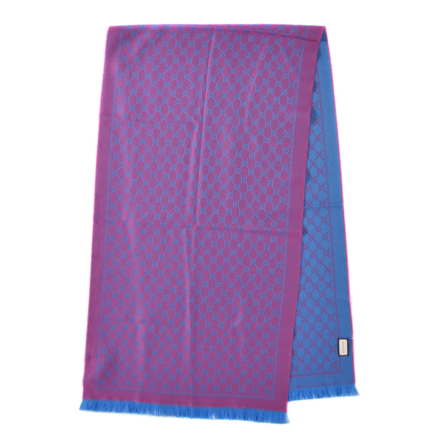 Gucci Wool GG Monogram Reversible New Sten Fringe Scarf Fuxia Sky Blue 2 of 5