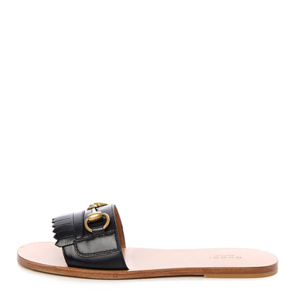 Gucci Malaga Kid Fringe Horsebit Slide Sandals 38 Black 1 of 11