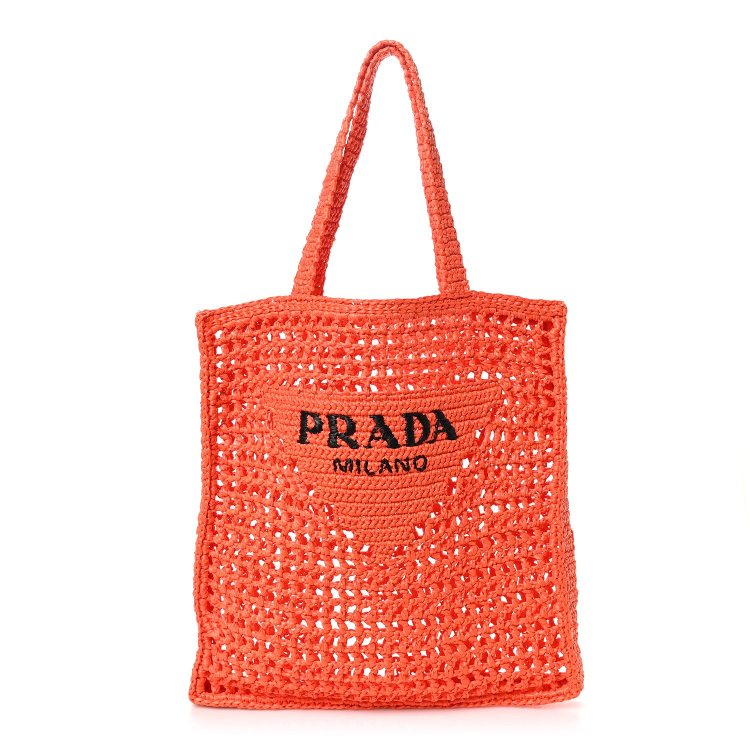 Prada Yarn Raffia Effect Crochet Logo Embroidered Tote Bag Arancio 1 of 9
