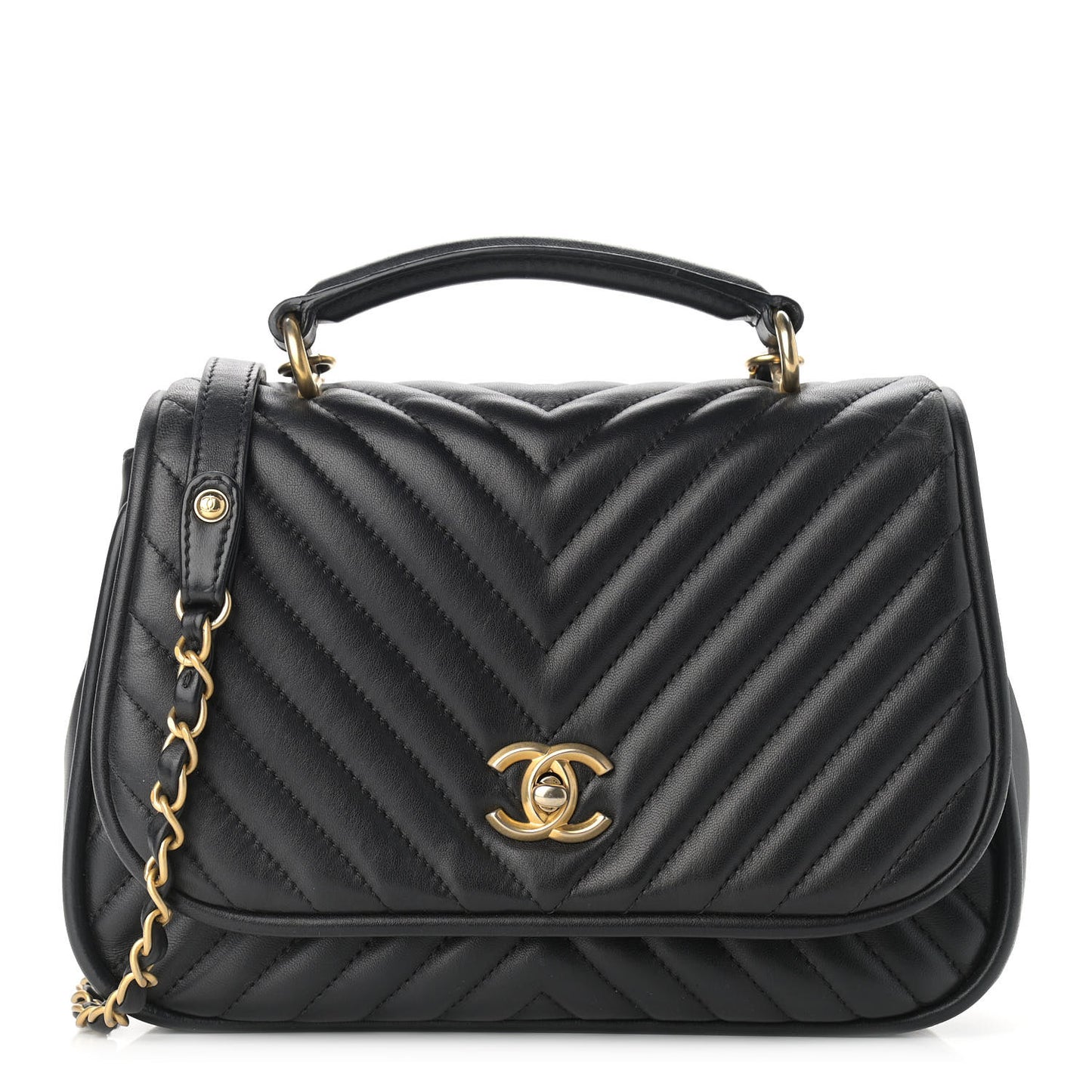 Lambskin Reverse Chevron Quilted Round Top Handle Flap Black