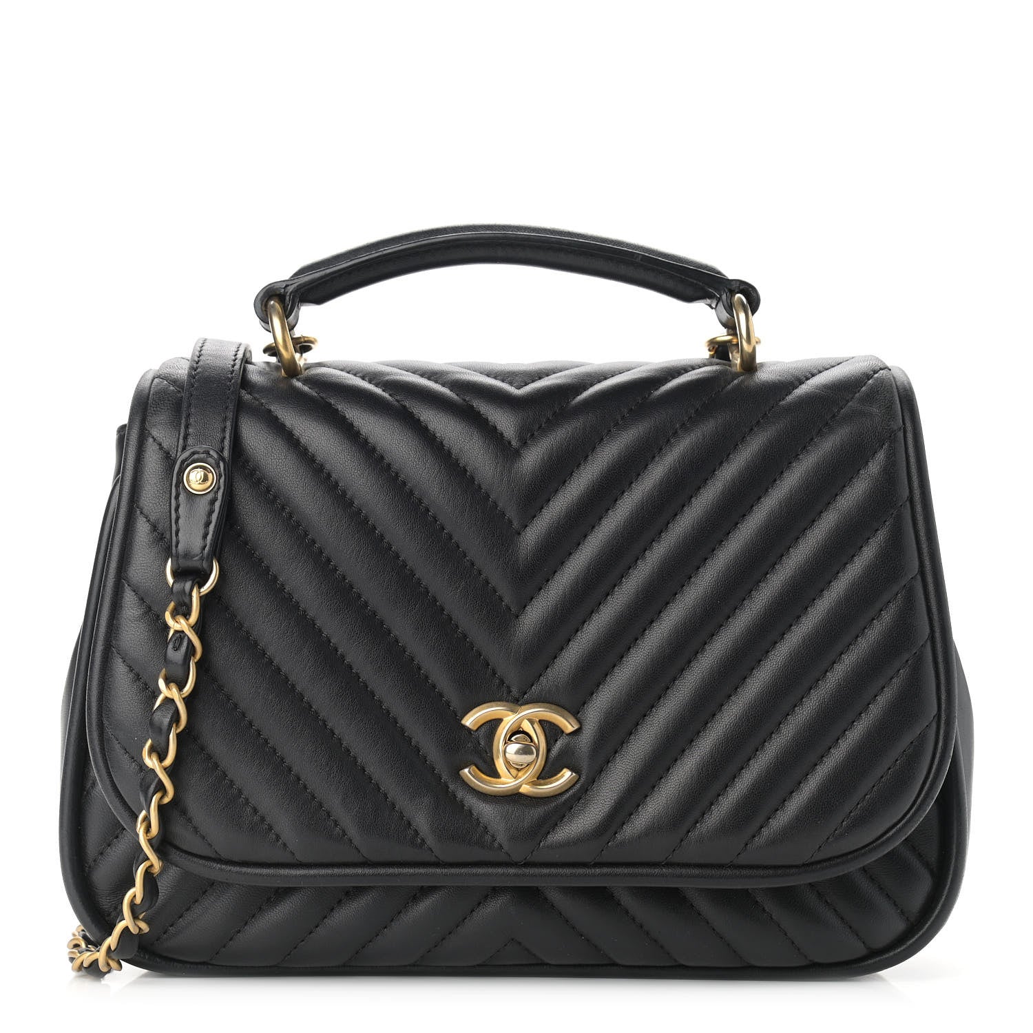 Chanel Lambskin Reverse Chevron Quilted Round Top Handle Flap Black 1 of 13