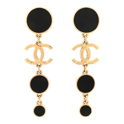 Chanel Metal Resin Disc CC Long Drop Earrings Gold Black 1 of 5