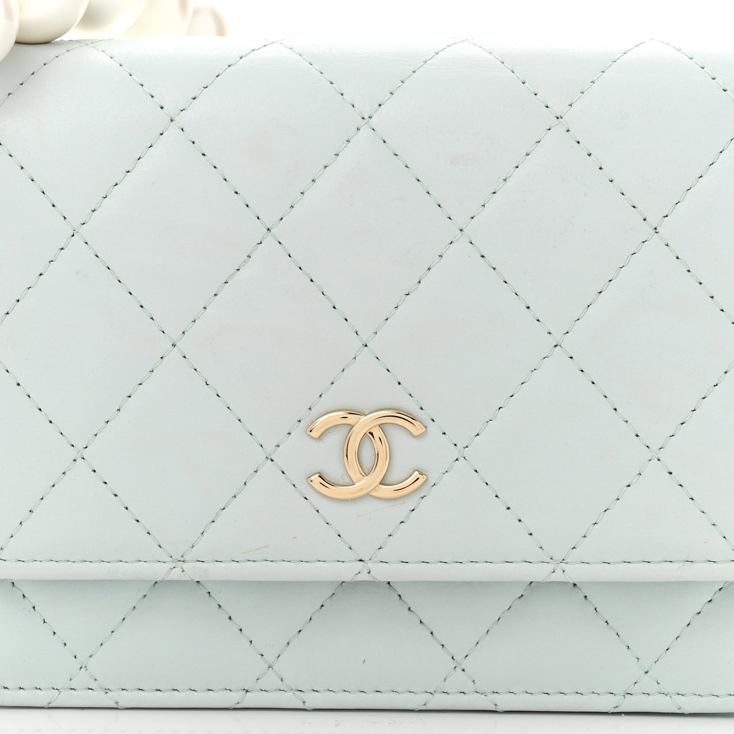 Calfskin Quilted Mini Maxi Pearls Wallet On Chain WOC Light Blue