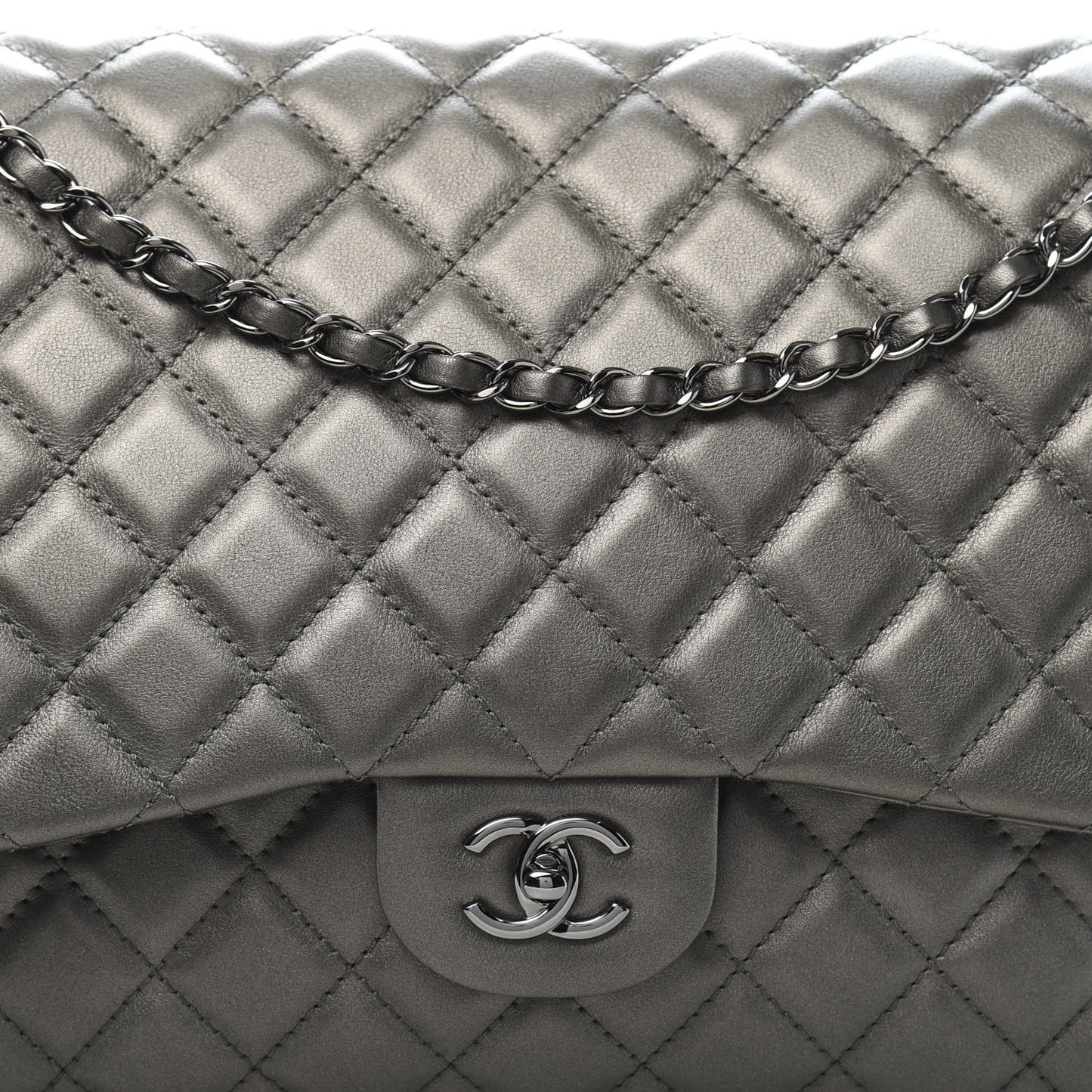 Metallic Calfskin Quilted Small XXL Travel Flap Bag Dark Silver