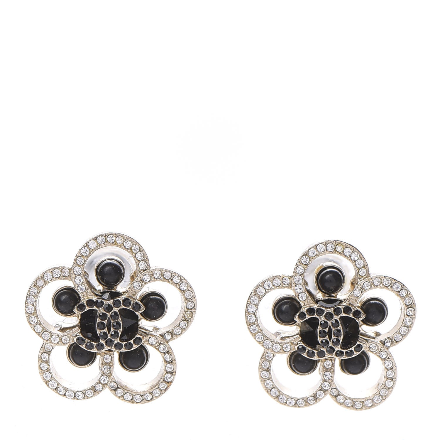Chanel Crystal CC Camellia Earrings Black Gold 1 of 5