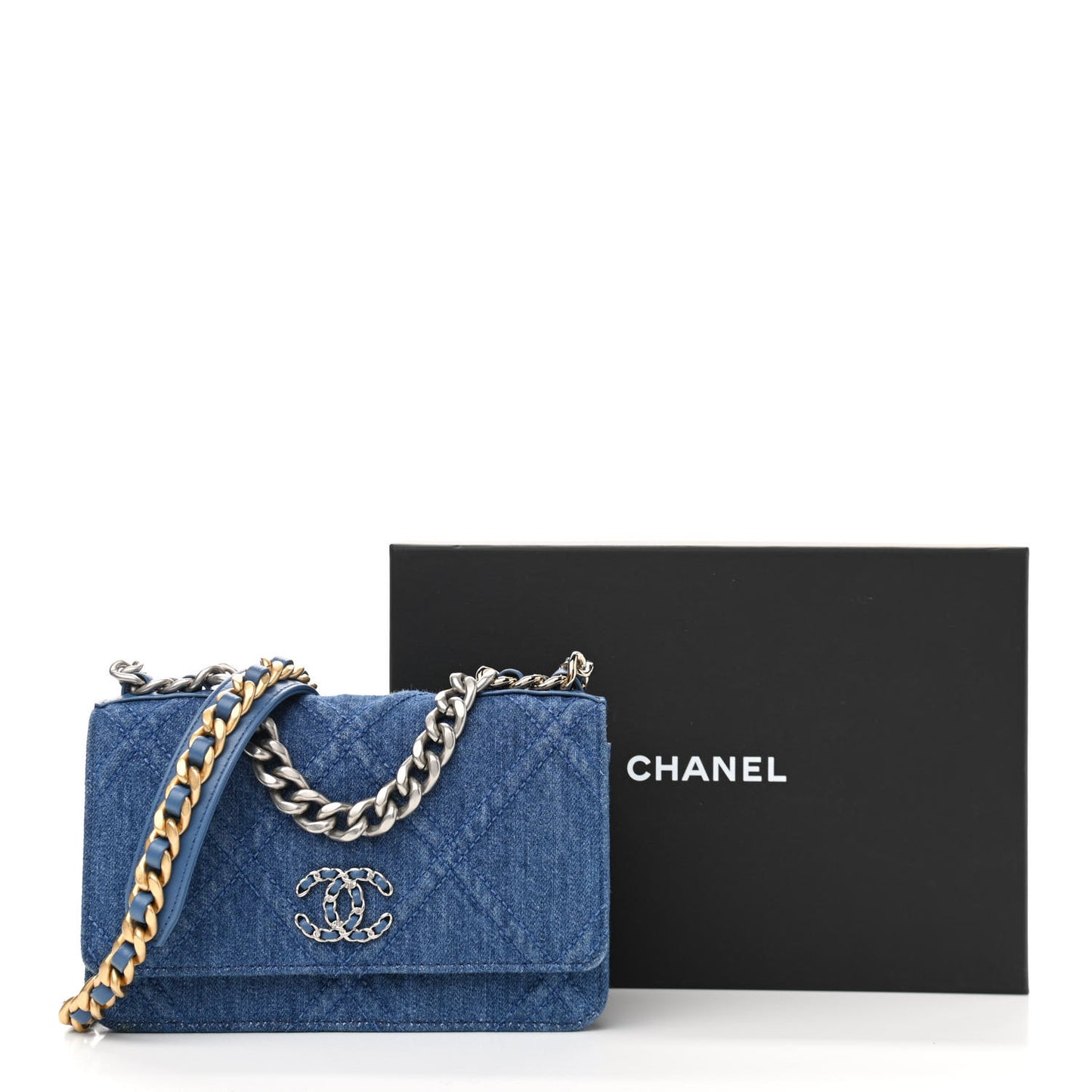Denim Quilted Chanel 19 Wallet On Chain WOC Blue