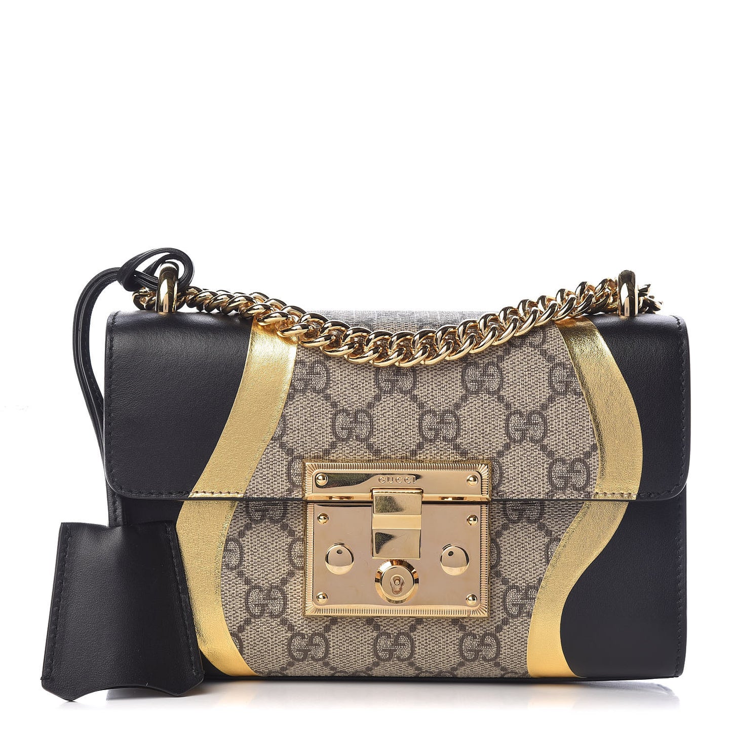 Calfskin GG Supreme Monogram Small Padlock Shoulder Bag Black Gold
