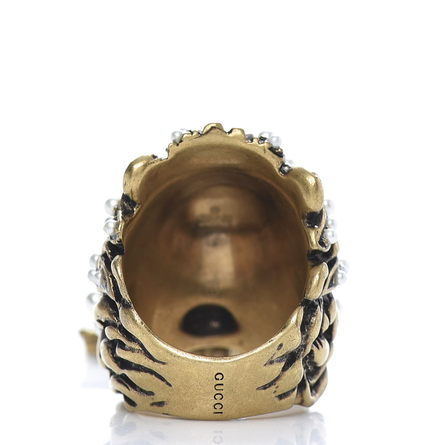 Metal Crystal Pearl Lion Head Crucifix Ring S Gold Black