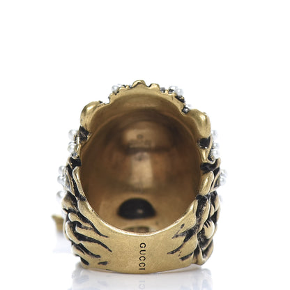 Gucci Metal Crystal Pearl Lion Head Crucifix Ring S Gold Black 5 of 9