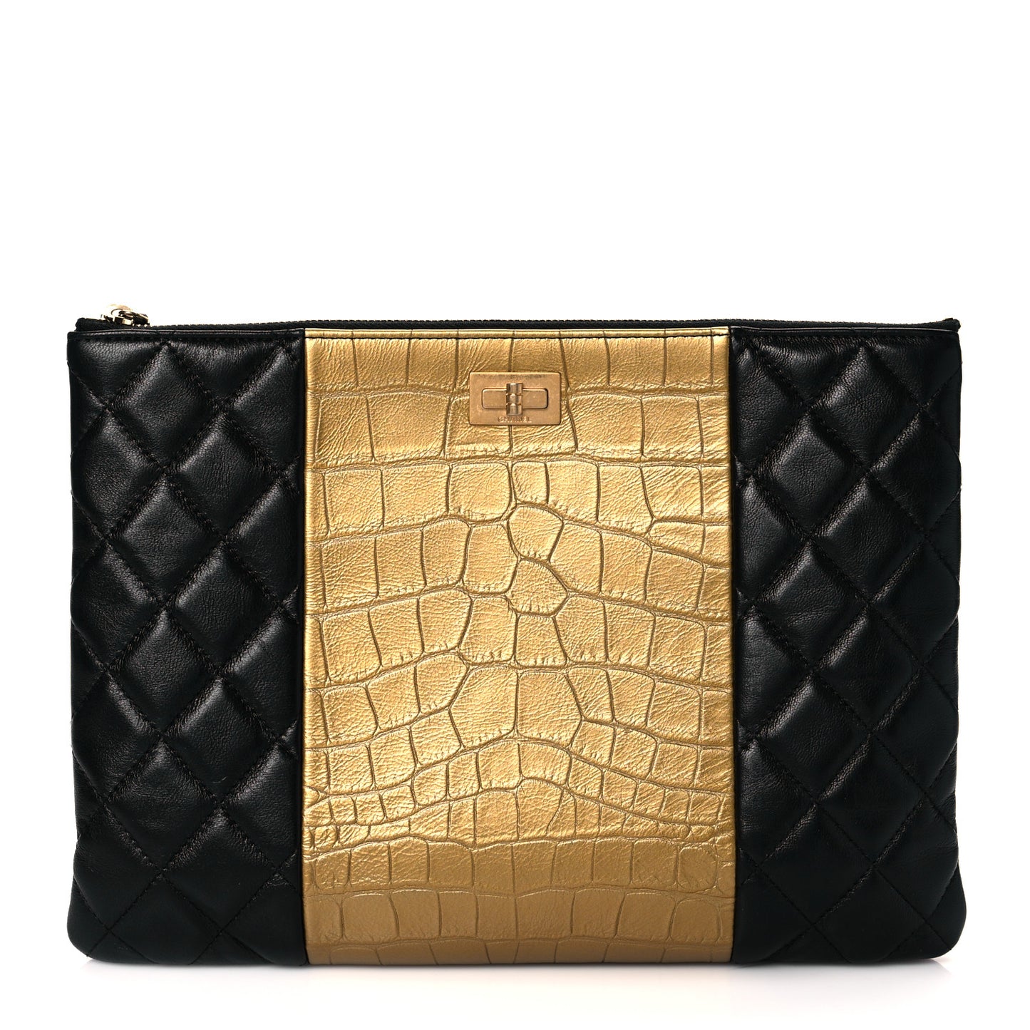 Lambskin Metallic Calfskin Quilted Crocodile Embossed Clutch 2.55 Reissue Cosmetic Case Gold