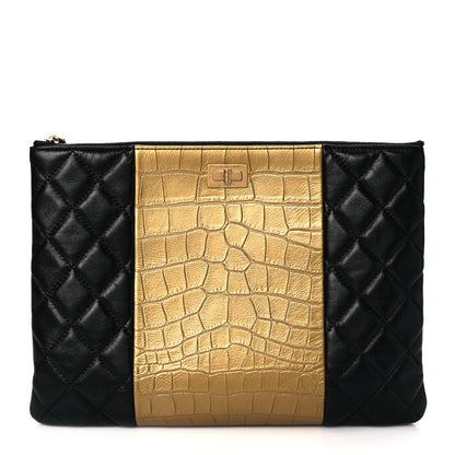 Chanel Lambskin Metallic Calfskin Quilted Crocodile Embossed Clutch 2.55 Reissue Cosmetic Case Gold 1 of 10