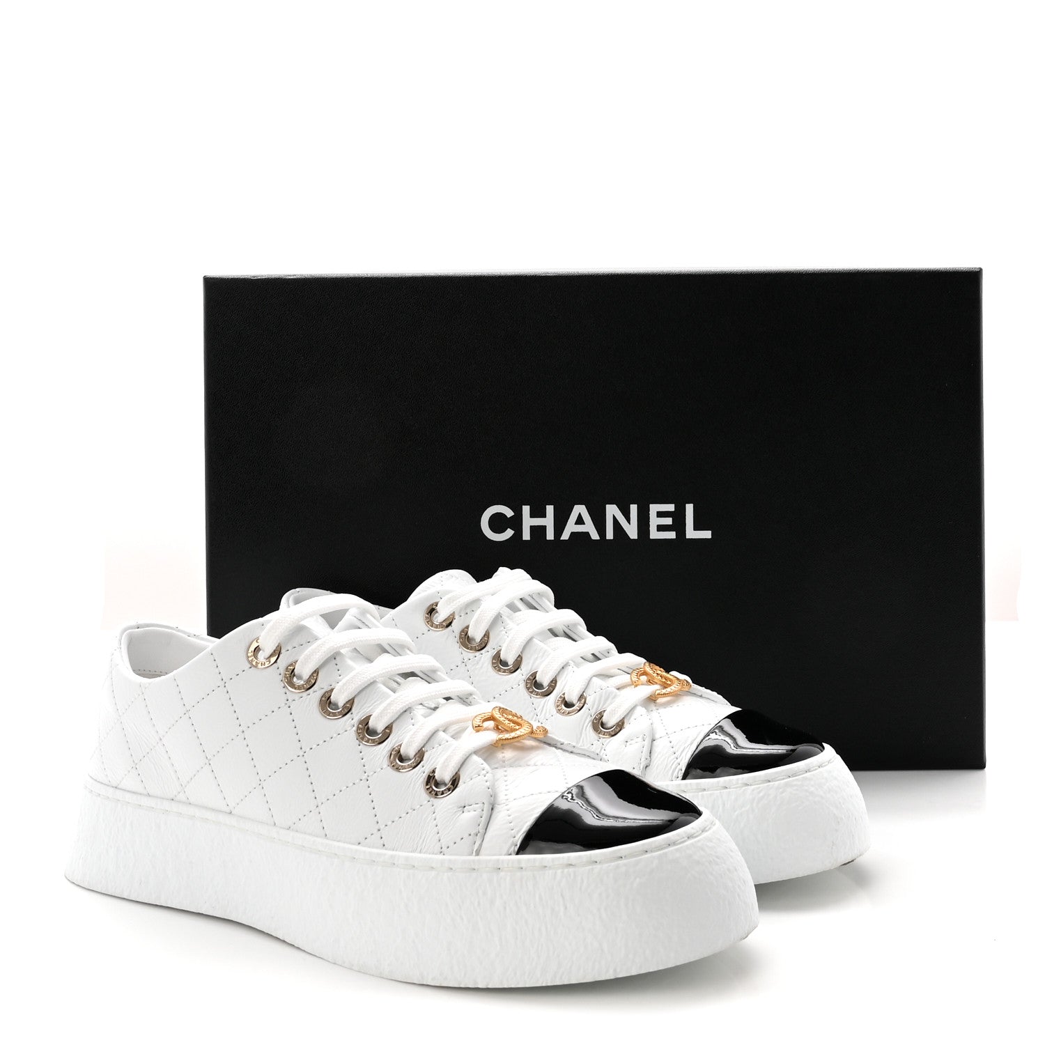 Chanel Crumpled Lambskin Patent Cap Toe CC Stitched Sneakers 37.5 White Black 10 of 10