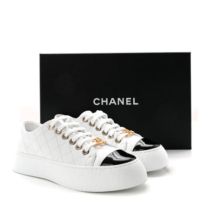 Chanel Crumpled Lambskin Patent Cap Toe CC Stitched Sneakers 37.5 White Black 10 of 10