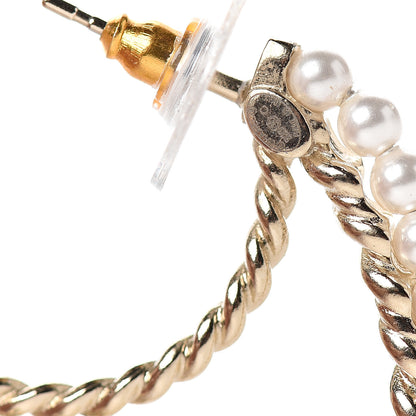 Chanel Crystal Pearl CC Drop Hoop Earrings Gold Pearly White 4 of 5
