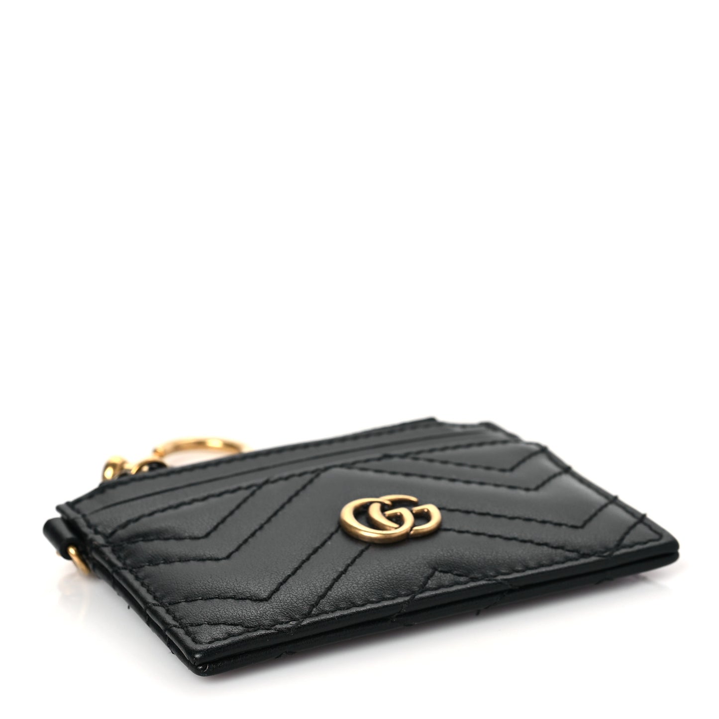 Calfskin Matelasse Chevron GG Marmont Key Case Card Holder Black