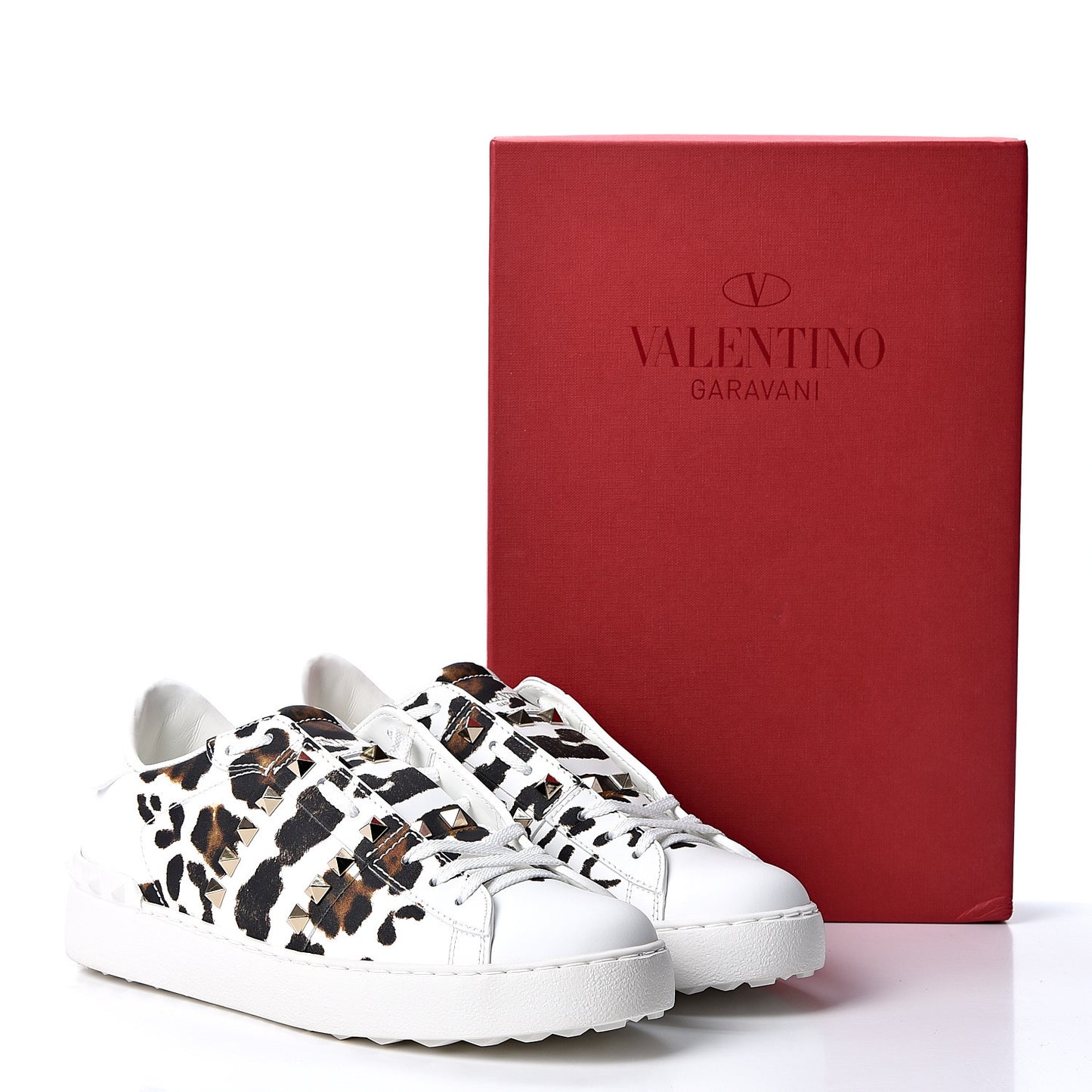 Calfskin Leopard Print Rockstud Untitled Open Sneakers 38 White