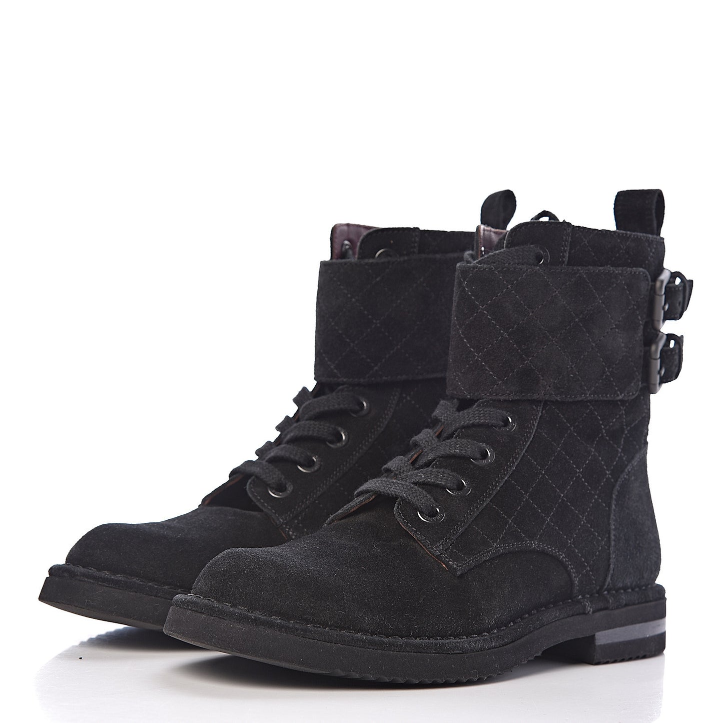 Suede Calfskin Quilted Combat Short Boots 37 Black