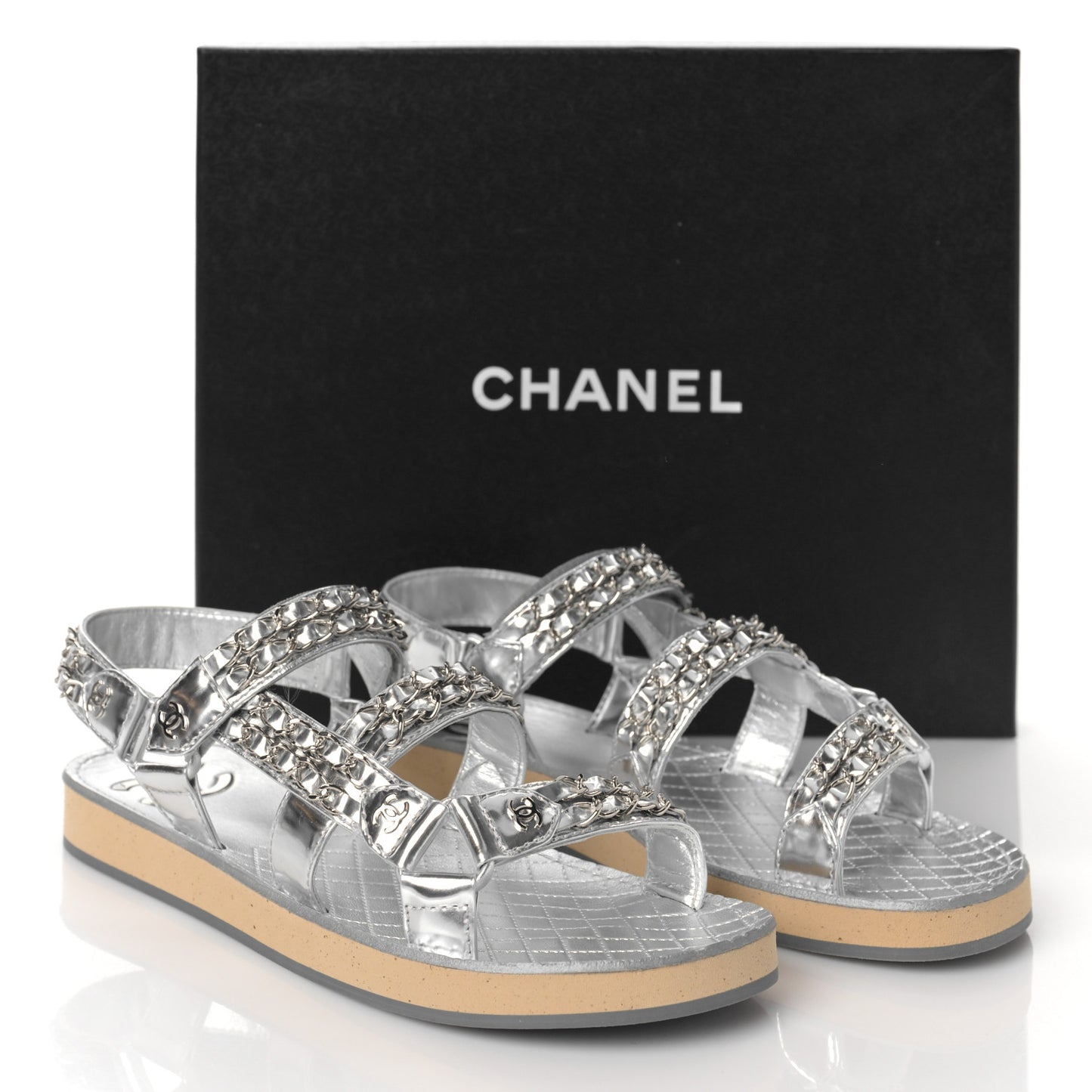 Metallic Laminated Goatskin Chain Flat Sandals 38 Silver