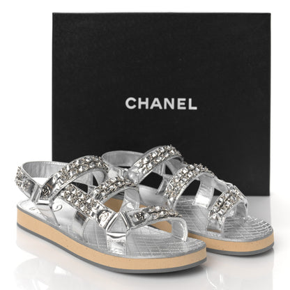 Chanel Metallic Laminated Goatskin Chain Flat Sandals 38 Silver 9 of 9