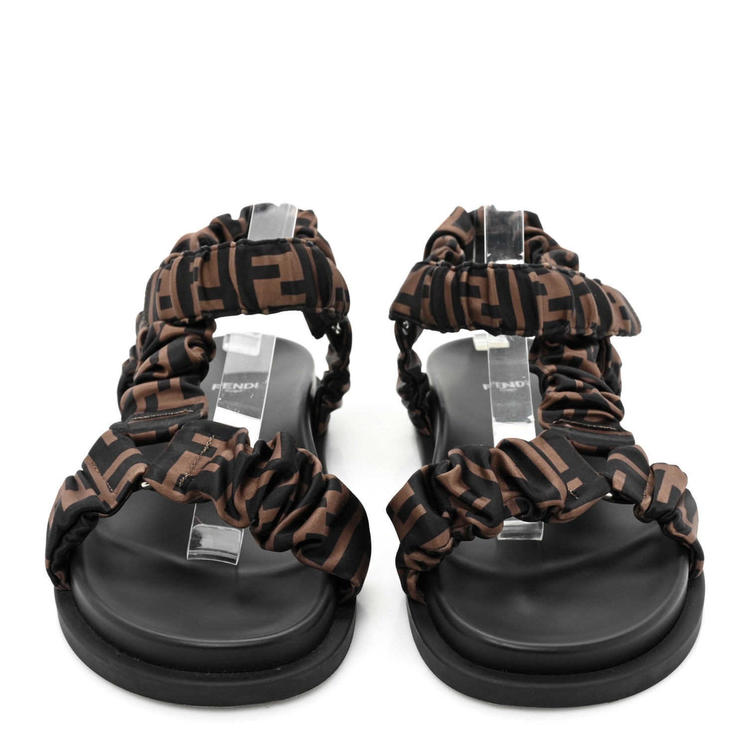 Fendi Satin FF Ruched Sandals 39 Tobacco Black 2 of 8