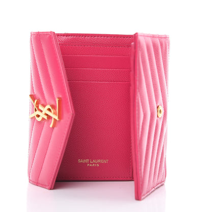 Saint Laurent Grain De Poudre Matelasse Chevron Monogram Compact Tri Fold Wallet Fuschia 5 of 7