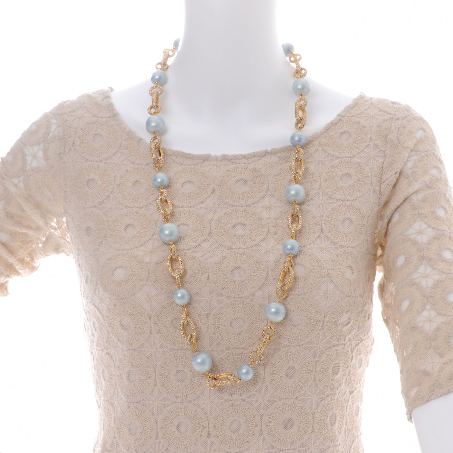 Chanel Pearl Crystal Chain Necklace Blue and Gold 6 of 6